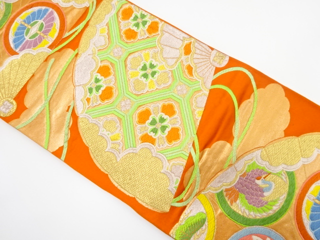 アンティーク　桧扇に蜀江文・花模様織り出し袋帯（着用可）